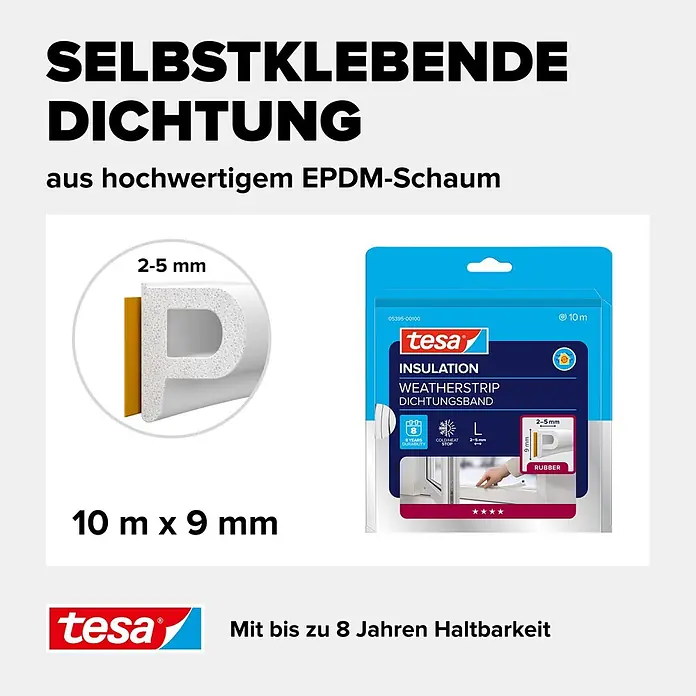 Tesa INSULATION Dichtungsband GUMMI L - Weiß, 10 m x 9 mm x 5,5 mm, Geeignet für: Spaltenbreiten 2 - 5 mm - Selbstklebendes EPDM-Schaumdichtungsband, P-Profil, 10m x 9mm, für 2-5mm Spalten, 8 Jahre Haltbarkeit.