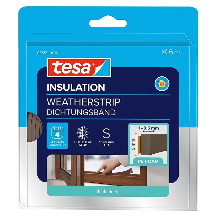 Tesa INSULATION Dichtungsband PE-Schaumstoff S - Braun, 6 m x 9 mm x 4 mm, Geeignet für: Spaltenbreiten 1 - 3,5 mm - Tesa braunes PE-Schaum Isolierdichtungsband für Fenster, 6m lang, 9mm hoch, für 1-3,5mm Spalten.