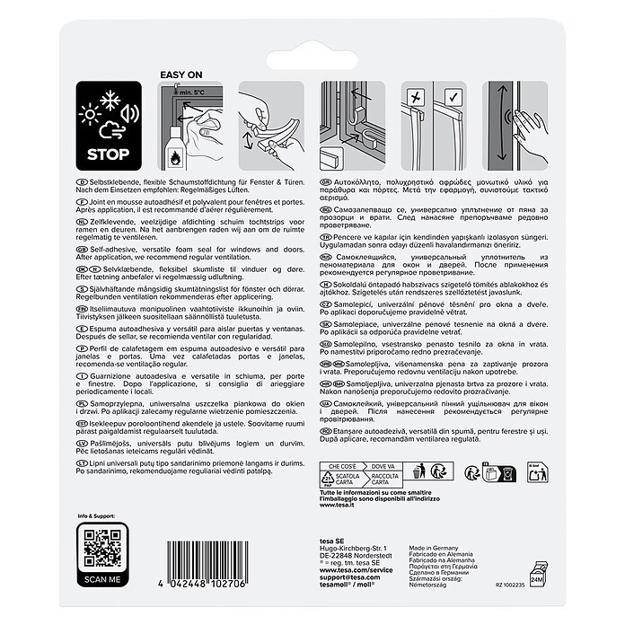 tesa MOLL Schaumstoffdichtung Universal (Weiß, 6 m x 15 mm x 6 mm, Geeignet für: Spaltenbreiten 1 - 5 mm)