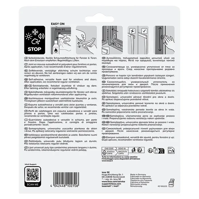 Tesa INSULATION Dichtungsband Schaumstoff M - Weiß, 6 m x 15 mm x 6 mm, Geeignet für: Spaltenbreiten 1 - 5 mm - Selbstklebende, flexible Schaumstoffdichtung für Fenster & Türen.