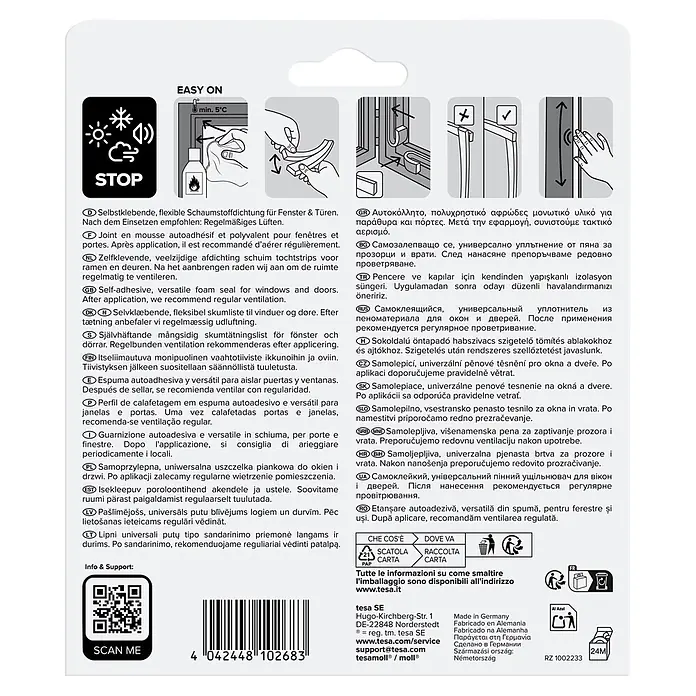 Tesa INSULATION Dichtungsband Schaumstoff M - Weiß, 6 m x 9 mm x 6 mm, Geeignet für: Spaltenbreiten 1 - 5 mm - Selbstklebende Schaumstoffdichtung für Fenster & Türen, mit Anwendungsanleitung.