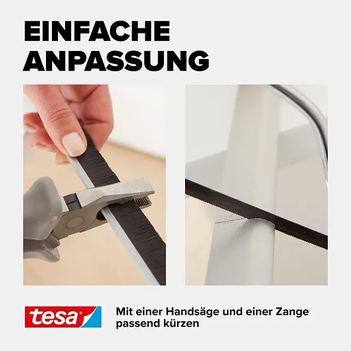 Tesa INSULATION Türdichtschiene für Teppichböden - Transparent, Geeignet für: Spaltenbreiten bis 15 mm - Eine Bürstendichtung wird mit einer Zange geschnitten und ein weißes Profil mit einer Handsäge gekürzt, zur einfachen Größenanpassung.
