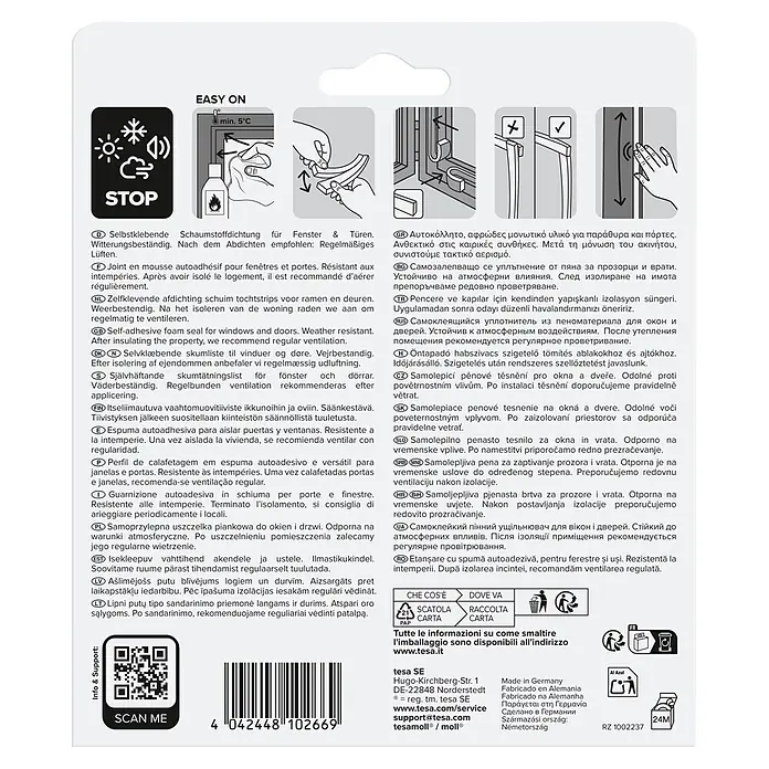 Tesa INSULATION Dichtungsband PE-Schaumstoff S - Braun, 6 m x 9 mm x 4 mm, Geeignet für: Spaltenbreiten 1 - 3,5 mm - Etikett einer selbstklebenden, witterungsbeständigen Schaumstoffdichtung für Fenster und Türen, mit Installationsanleitung und Produktinfos.