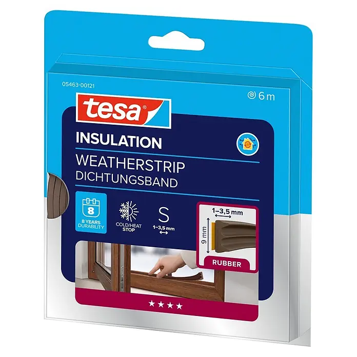 Tesa INSULATION Dichtungsband Gummi S - Braun, 6 m x 9 mm x 4 mm, Geeignet für: Spaltenbreiten 1 - 3,5 mm - Brauner Tesa Gummidichtungsstreifen auf Verpackung, zur Isolierung von Fenstern und Türen gegen Kälte und Wärme.