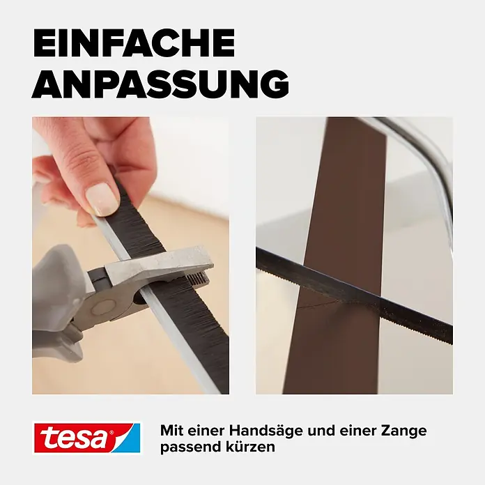 Tesa INSULATION Türdichtschiene für Teppichböden - Braun, Geeignet für: Spaltenbreiten bis 15 mm - Braune und schwarze Bürstendichtung wird mit Zange und Säge für eine individuelle Anpassung zugeschnitten.