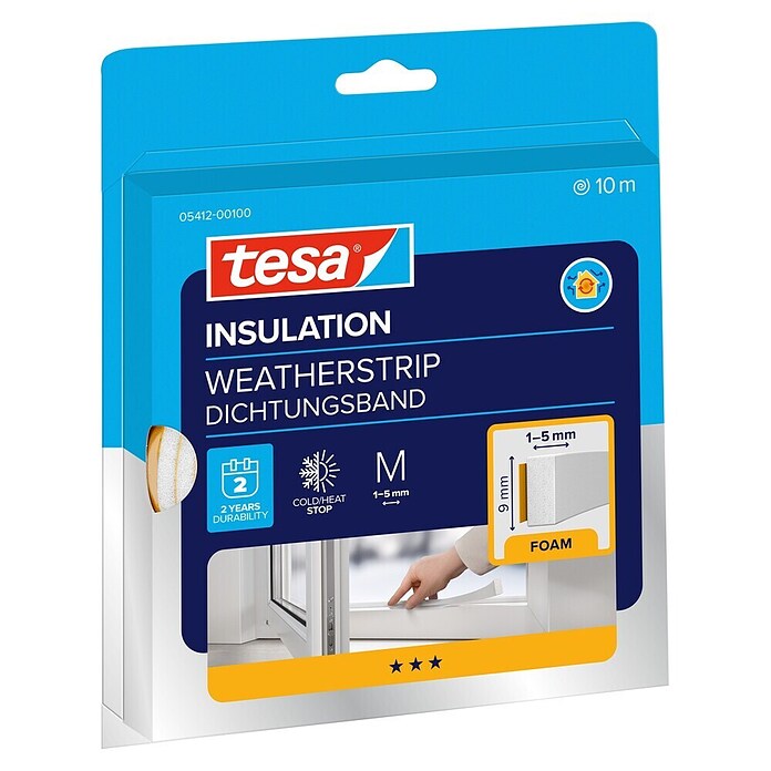 tesa MOLL Schaumstoffdichtung Universal (Weiß, 10 m x 9 mm x 6 mm, Geeignet für: Spaltenbreiten 1 - 5 mm)