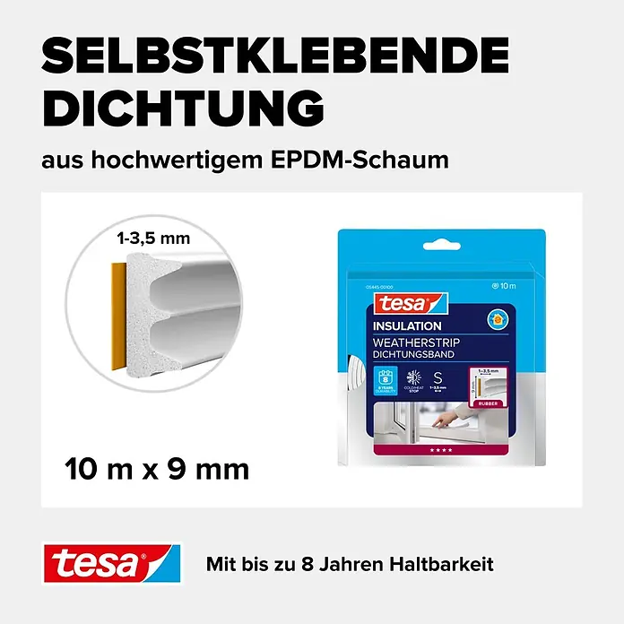 Tesa INSULATION Dichtungsband Gummi S - Weiß, 10 m x 9 mm x 4 mm, Geeignet für: Spaltenbreiten 1 - 3,5 mm - Tesa selbstklebende EPDM-Schaumdichtung, 10m x 9mm, zum Abdichten von Spalten 1-3,5mm.
