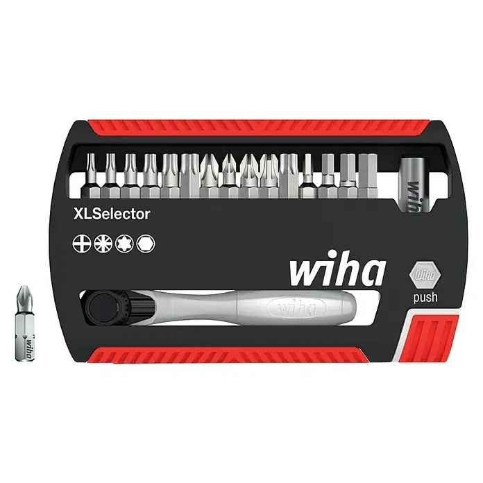 Wiha Bit-Set XLSelector Standard 25 mm - 17 -tlg. - Wiha XLSelector Bit-Set mit Bits, Ratsche und Adapter, ideal für verschiedene Schraubanwendungen. Kompakte Aufbewahrung und hohe Qualität.