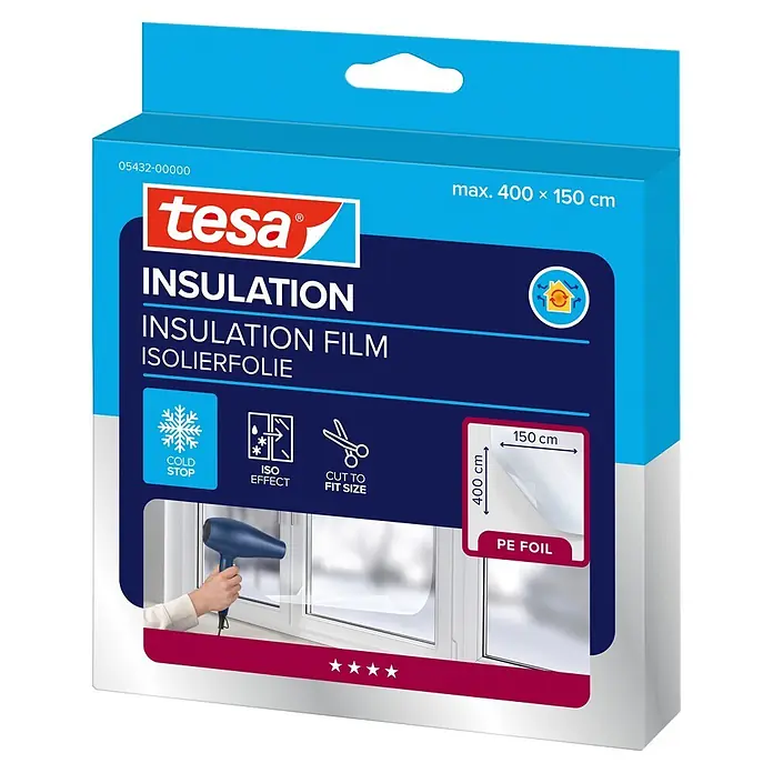 Tesa INSULATION Fensterisolierfolie - 4 x 1,5 m, Farblos, Transparent - Tesa Isolierfolie in blauer Verpackung, zeigt transparente Folie, die mit einem Föhn auf ein Fenster für Kälteschutz und Isolation angebracht wird. Max. 400x150 cm PE-Folie.