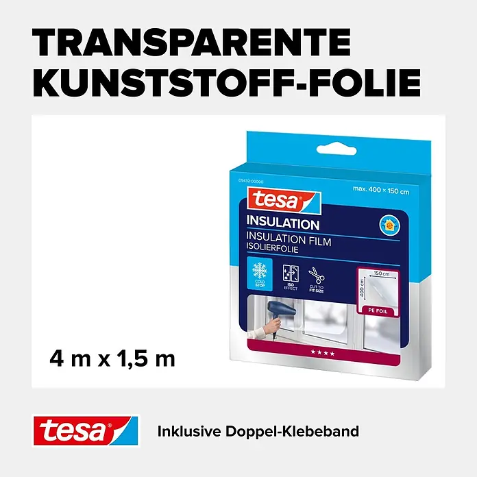 Tesa INSULATION Fensterisolierfolie - 4 x 1,5 m, Farblos, Transparent - Tesa transparente Isolierfolie, 4 x 1,5 m, inklusive doppelseitigem Klebeband.
