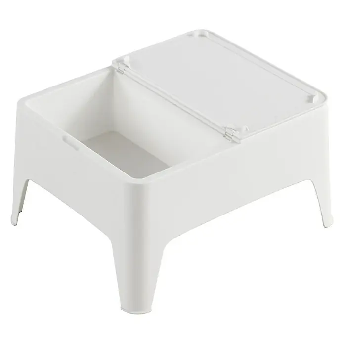 Mesa auxiliar de jardín Alaska - L x An x Al: 58 x 48 x 30 cm, Polipropileno, Blanco - Mesa de juguetes blanca con tapa, ideal para guardar juguetes y otros artículos que necesiten guardarse ordenadamente.