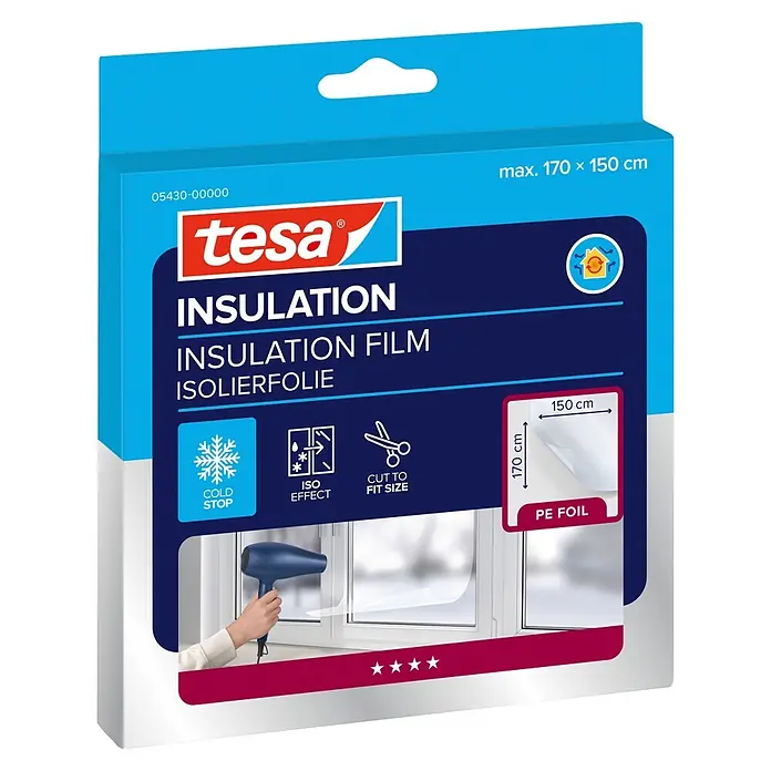 Tesa INSULATION Fensterisolierfolie - 1,7 x 1,5 m, Farblos, Transparent - Tesa Isolierfolie, blau-rote Verpackung, max. 170x150 cm. Merkmale: Kältestopp, Iso-Effekt, zuschneidbar; Anwendung am Fenster gezeigt.