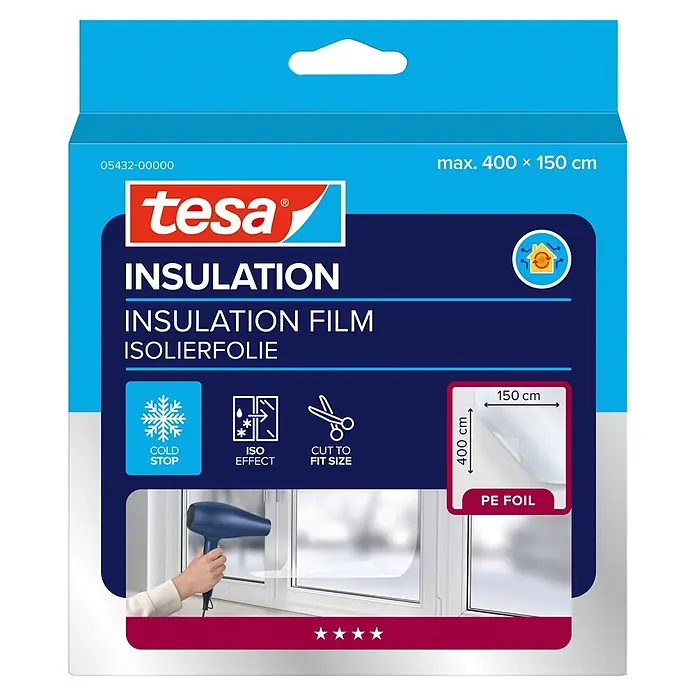 Tesa INSULATION Fensterisolierfolie - 4 x 1,5 m, Farblos, Transparent - Tesa Isolierfolie Verpackung. Die blau-dunkelblaue Schachtel zeigt die transparente Folie, die mit einem Föhn am Fenster isoliert wird.