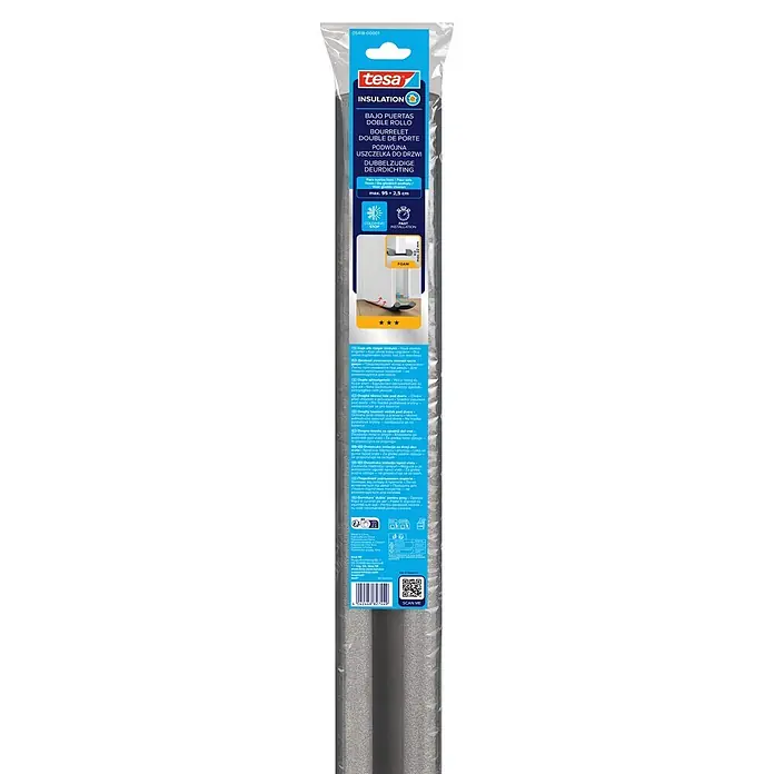 Tesa INSULATION Türbodendichtung Doppel-Dichtung - Grau, 0,95 m x 25 mm, Geeignet für: Glatte Böden - Einzelhandelsverpackte graue tesa Schaumstoff-Doppeltürdichtung für Kälte-/Wärmedämmung.