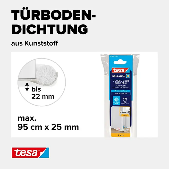 Tesa INSULATION Türbodendichtung Doppel-Dichtung - Weiß, 0,95 m x 25 mm, Geeignet für: Glatte Böden - Tesa Doppeltürbodendichtung aus Kunststoff für Spalten bis 22mm, max. 95x2,5cm, mit Schaumstoff für glatte Böden.