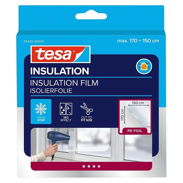 Tesa INSULATION Fensterisolierfolie - 1,7 x 1,5 m, Farblos, Transparent - tesa Fensterisolierfolie (PE-Folie), 170x150 cm, für Kälteschutz und Isolation.