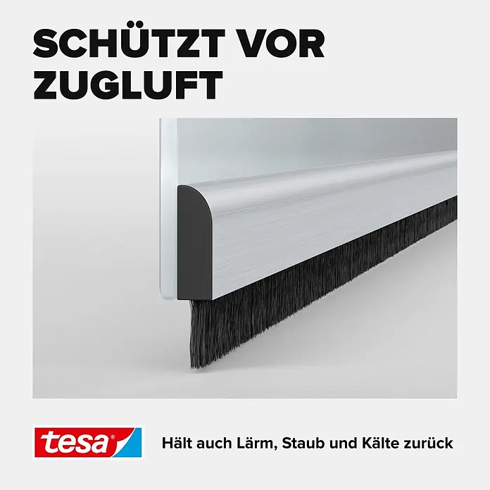 Tesa INSULATION Türdichtschiene für unebene Böden - Edelstahloptik, Geeignet für: Spaltenbreiten bis 15 mm - Tesa Türbodendichtung mit schwarzer Bürste, silberfarbenem Aluminiumprofil, gegen Zugluft, Lärm, Staub und Kälte.