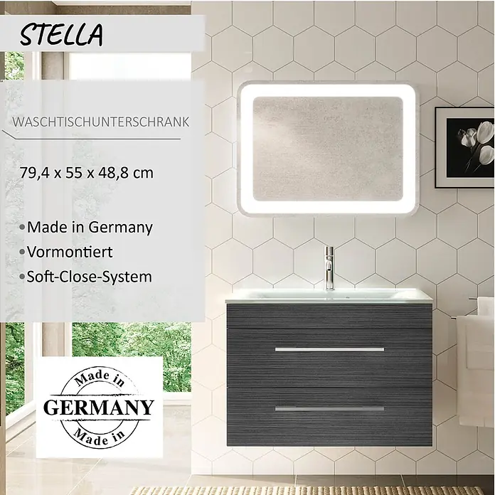 Camargue Stella Waschtischunterschrank - 79,4 x 48,8 x 55 cm, Mit Beleuchtung, Dark Oak - Dunkelgrauer Waschtischunterschrank mit Holzmaserung, Soft-Close-System und beleuchtetem Spiegel im Badezimmer.