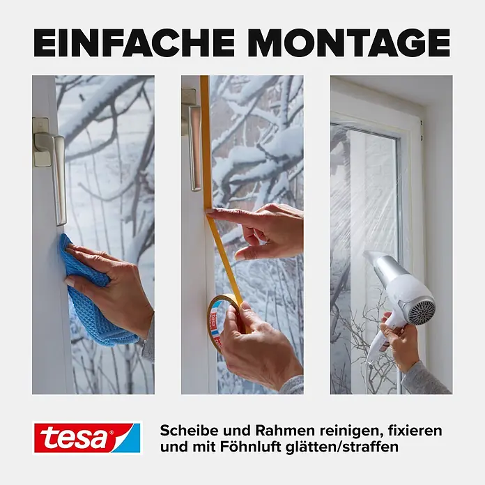 Tesa INSULATION Fensterisolierfolie - 4 x 1,5 m, Farblos, Transparent - Anleitung zur Anbringung von Tesa Fensterisolierfolie: Rahmen reinigen, Klebeband anbringen und Folie mit Föhn straffen.