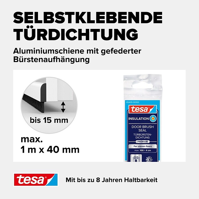 tesa MOLL Türdichtschiene Alu Comfort (Weiß, 1 m x 40 mm, Geeignet für: Spaltenbreiten bis 15 mm)