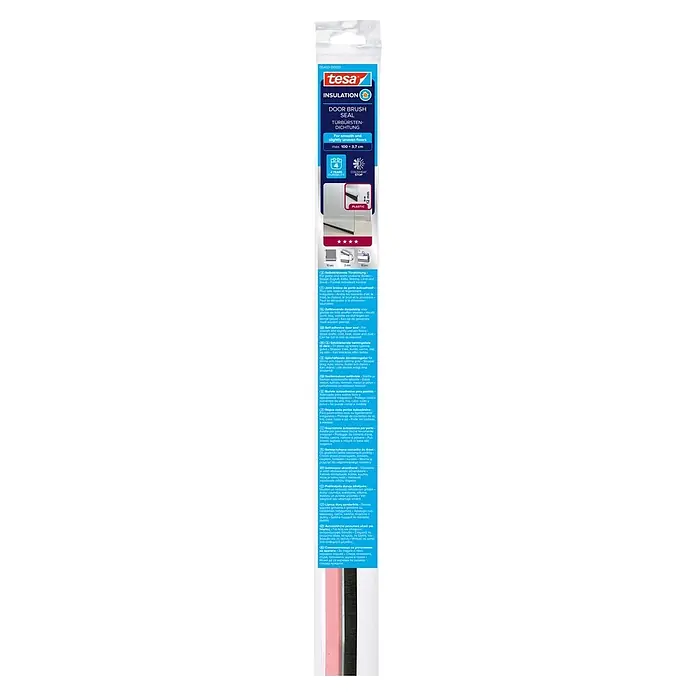 Tesa INSULATION Türdichtschiene für glatte Böden - Transparent, 1 m x 37 mm, Geeignet für: Spaltenbreiten bis 12 mm - Tesa selbstklebende Türbürstendichtung aus Kunststoff zur Isolierung und Abdichtung von Türspalten.