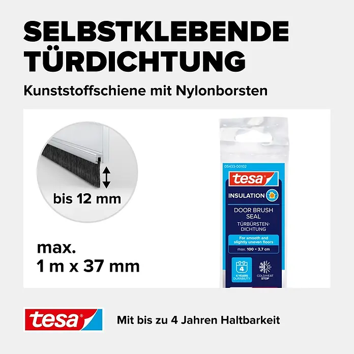 Tesa INSULATION Türdichtschiene für glatte Böden - Transparent, 1 m x 37 mm, Geeignet für: Spaltenbreiten bis 12 mm - tesa selbstklebende Türdichtung mit Kunststoffschiene und Nylonborsten, für Spalten bis 12 mm.