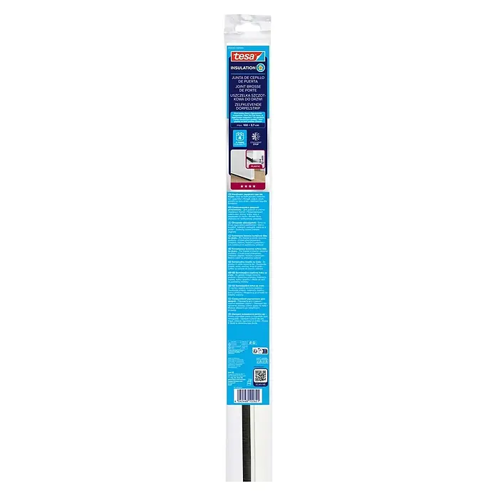 Tesa INSULATION Türdichtschiene für glatte Böden - Weiß, 1 m x 37 mm, Geeignet für: Spaltenbreiten bis 12 mm - Weiße Kunststoff-Türbodendichtung mit schwarzer Bürstenleiste, zur Isolation gegen Zugluft, Kälte und Wärme.
