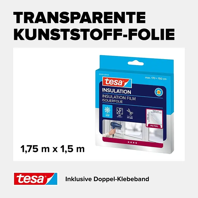 Tesa INSULATION Fensterisolierfolie - 1,7 x 1,5 m, Farblos, Transparent - Transparente Tesa Kunststoff-Isolierfolie, 1,75 m x 1,5 m, inklusive doppelseitigem Klebeband.