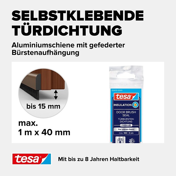 tesa MOLL Türdichtschiene Alu Comfort (Braun, 1 m x 40 mm, Geeignet für: Spaltenbreiten bis 15 mm)