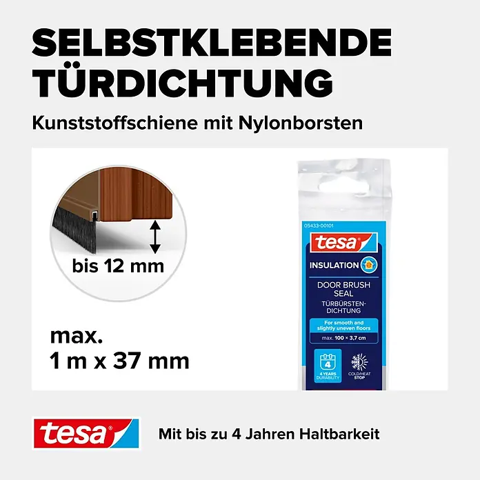 Tesa INSULATION Türdichtschiene für glatte Böden - Braun, 1 m x 37 mm, Geeignet für: Spaltenbreiten bis 12 mm - Tesa selbstklebende Türbürstendichtung aus Kunststoff mit Nylonborsten, für Spalten bis 12mm.