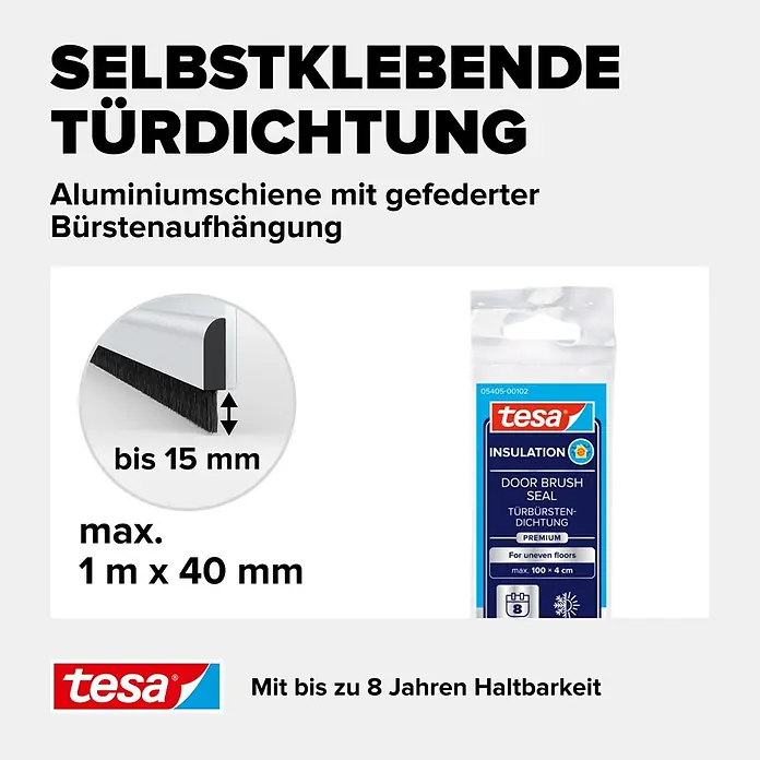 Tesa INSULATION Türdichtschiene für unebene Böden - Edelstahloptik, Geeignet für: Spaltenbreiten bis 15 mm - Tesa selbstklebende Türbodendichtung: Aluminiumschiene mit gefederter Bürste, dichtet Spalten bis 15mm. Max. 1m x 40mm, 8 Jahre Haltbarkeit.