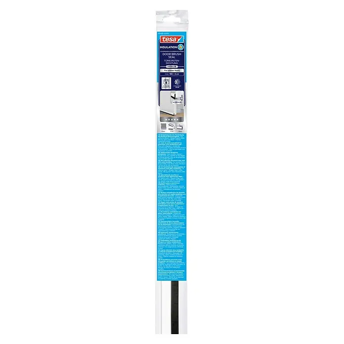 Tesa INSULATION Türdichtschiene für unebene Böden - Weiß, Geeignet für: Spaltenbreiten bis 15 mm - Selbstklebende weiße tesa Aluminium-Türbodendichtung mit Bürste, in der Verpackung.