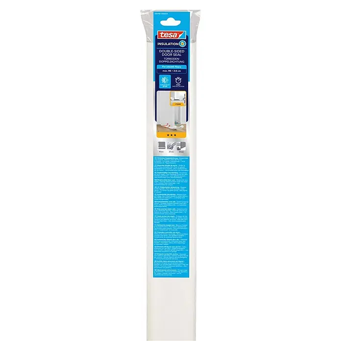Tesa INSULATION Türbodendichtung Doppel-Dichtung - Weiß, 0,95 m x 25 mm, Geeignet für: Glatte Böden - Weiße Tesa doppelseitige Schaumstoff-Türdichtung, verpackt. Stoppt Kälte und Zugluft auf glatten Böden.