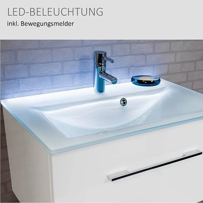 Camargue Stella Waschtischunterschrank - 79,4 x 48,8 x 55 cm, Mit Beleuchtung, Dark Oak - Weißer Badunterschrank mit integriertem Waschbecken, Chromarmatur und LED-Beleuchtung inkl. Bewegungsmelder.