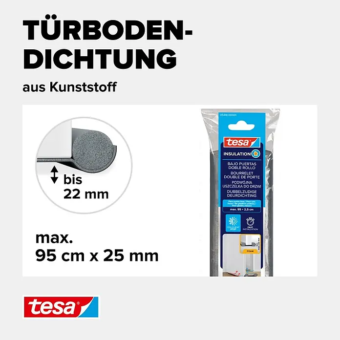 Tesa INSULATION Türbodendichtung Doppel-Dichtung - Grau, 0,95 m x 25 mm, Geeignet für: Glatte Böden - Tesa Doppel-Türbodendichtung aus Schaumstoff/Kunststoff für Spalten bis 22mm, max 95x2,5cm.
