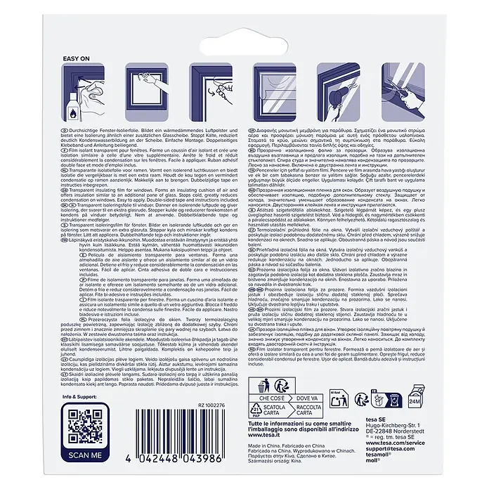 Tesa INSULATION Fensterisolierfolie - 4 x 1,5 m, Farblos, Transparent - Weiß-blaue Verpackung für transparente Fensterisolierfolie mit Anwendungsbildern.