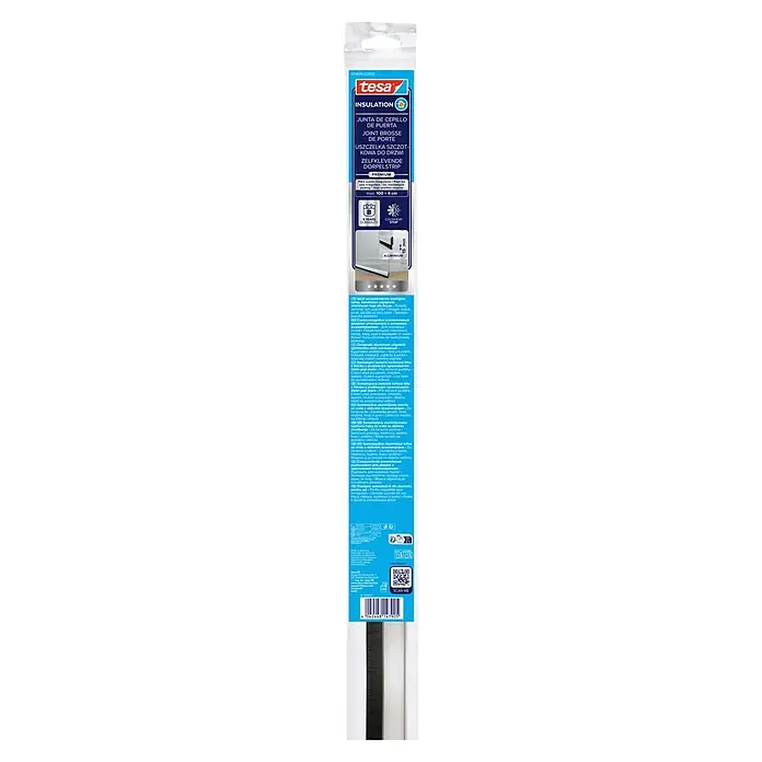 Tesa INSULATION Türdichtschiene für unebene Böden - Edelstahloptik, Geeignet für: Spaltenbreiten bis 15 mm - Selbstklebende Aluminium-Türbodendichtung, silber mit schwarzen Borsten, zur Isolierung.