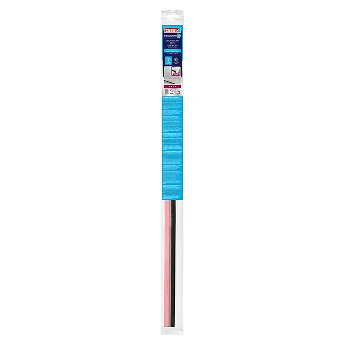 Tesa INSULATION Türdichtschiene für glatte Böden - Transparent, 1 m x 37 mm, Geeignet für: Spaltenbreiten bis 12 mm - tesa selbstklebende Türbürstendichtung weiß mit schwarzen Borsten, 100x3,7cm. Aus Kunststoff zur Isolierung gegen Zugluft, Kälte, Wärme, Lärm und Staub.