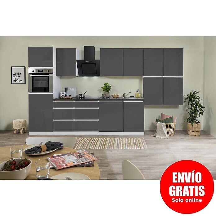 Respekta Premium Composición de cocina (Ancho: 380 cm, Con dispositivos eléctricos, Gris de alto brillo)