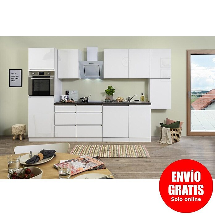 Respekta Premium Composición de cocina (Ancho: 330 cm, Con dispositivos eléctricos, Blanco de alto brillo)