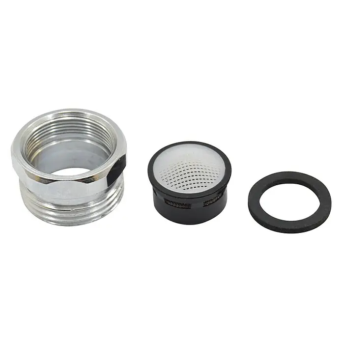 Adaptador para grifo macho - Rosca exterior: ¾″, Latón, Macho - Hembra - Imagen de un kit aireador de grifo con un adaptador cromado, un filtro con tamiz y un sello.
