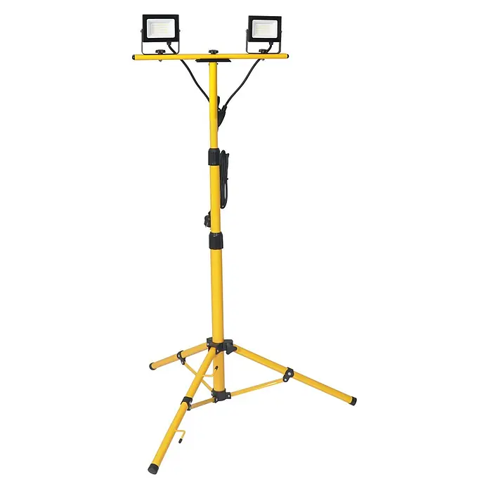 LED's work LED-Baustrahler Stativ - 60 W, 7.200 lm, 4.000 K, 85 x 85 x 189 cm, IP65 - Gelber Stativ-Arbeitsscheinwerfer mit zwei LED-Flutlichtern.