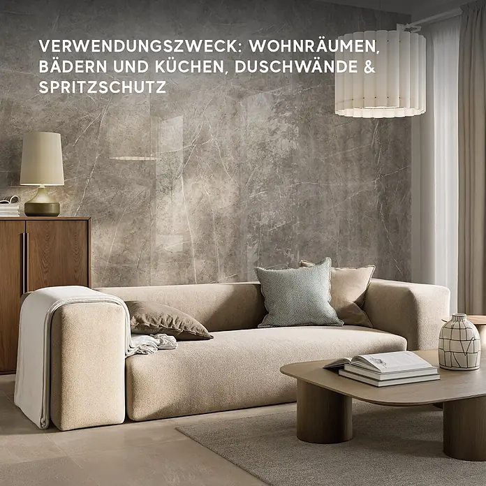 Corso Italia Feinsteinzeugfliese Marble - 120 x 278 cm, Grau, Glänzend - Großformatige graue Fliesen in Marmoroptik mit Äderung, geeignet für Wände und Böden in Wohn-, Badezimmern und Küchen.