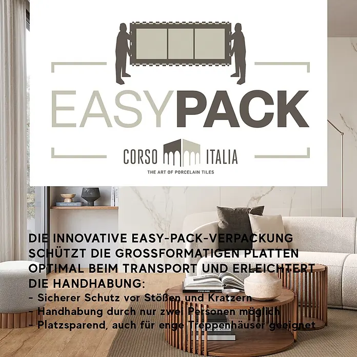 Corso Italia Feinsteinzeugfliese Marble Calacatta - 120 x 278 cm, Weiß, Glänzend - EASY-PACK System für Großformatplatten: optimaler Schutz, leichter 2-Personen-Transport und platzsparend. Logo: Corso Italia.