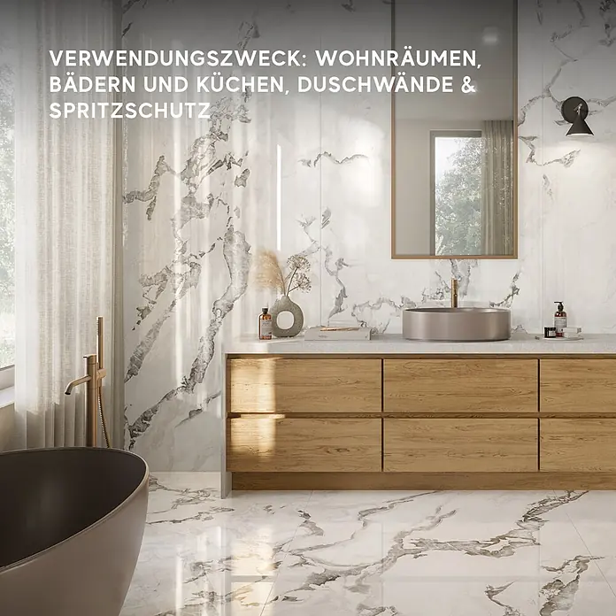 Corso Italia Feinsteinzeugfliese Lunar - 120 x 278 cm, Grau, Glänzend - Große weiße Fliesen in Marmoroptik mit grauen Adern für Wände und Böden in Bädern & Küchen.