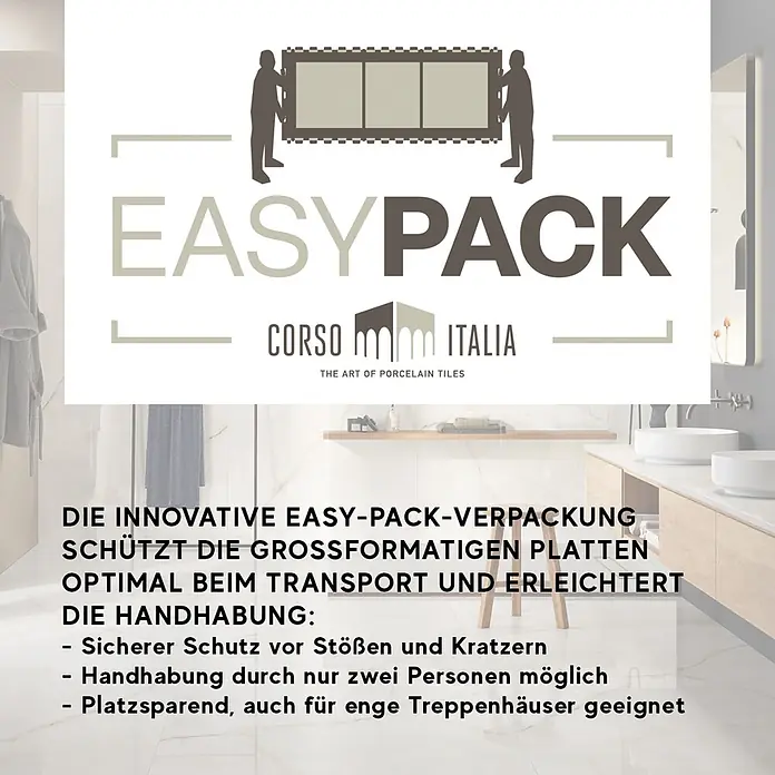 Corso Italia Feinsteinzeugfliese Onyx - 120 x 278 cm, Weiß, Glänzend - Innovative Easy-Pack-Verpackung für Großformatfliesen, schützt beim Transport und vereinfacht die Handhabung für zwei Personen, auch in engen Räumen.