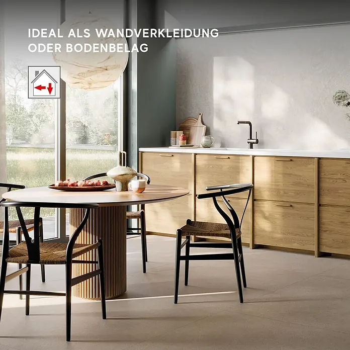 Corso Italia Feinsteinzeugfliese Resin - 120 x 278 cm, Weiß, Matt - Neutrale, hellfarbige Fliesen in Steinoptik als Wandverkleidung und Bodenbelag in einem modernen Zuhause.
