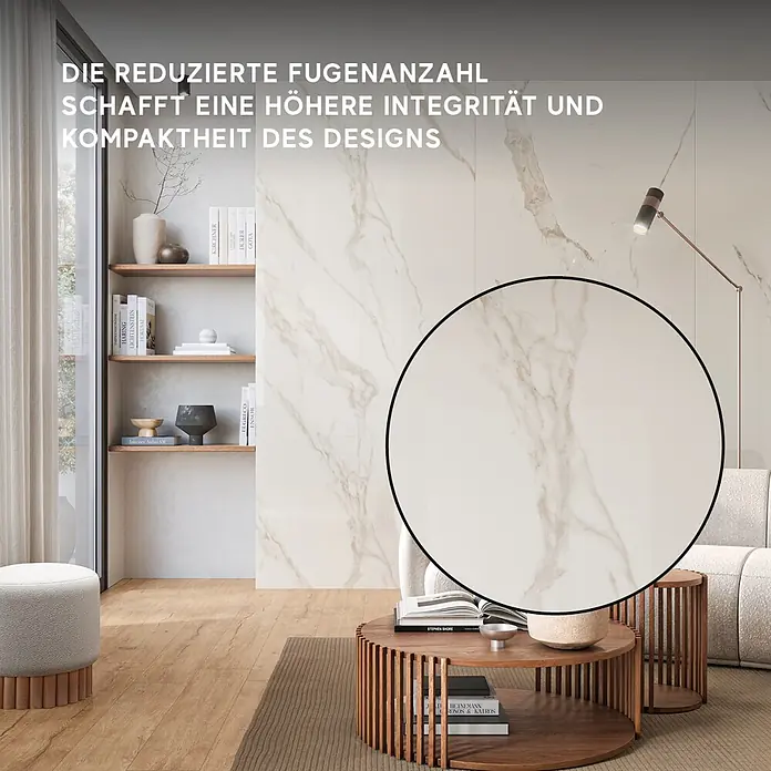 Corso Italia Feinsteinzeugfliese Marble Calacatta - 120 x 278 cm, Weiß, Glänzend - Großformatige Wandfliesen in Marmoroptik im Wohnzimmer, betonen minimale Fugen für nahtloses Design.