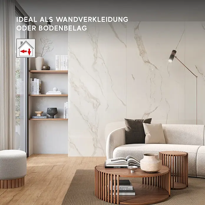 Corso Italia Feinsteinzeugfliese Marble Calacatta - 120 x 278 cm, Weiß, Glänzend - Vielseitige Fliesen in Marmoroptik, ideal als elegante Wandverkleidung oder robuster Bodenbelag.