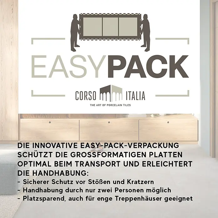 Corso Italia Feinsteinzeugfliese Resin - 120 x 278 cm, Silber, Matt - EASYPACK-Verpackung für großformatige Feinsteinzeugplatten, von zwei Personen getragen, für sicheren und einfachen Transport.